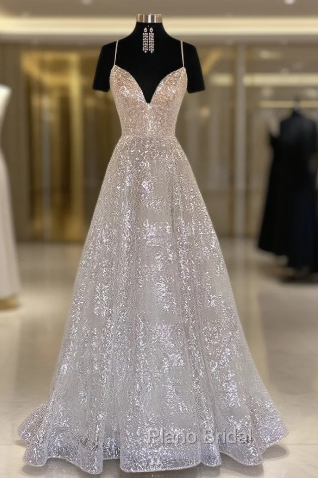 Princess A-line Sweetheart Sleeveless Sweep Train Metallic Yarn Formal Prom Dresses Main image