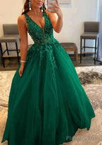 Princess A-line V Neck Sleeveless Sweep Train Tulle Prom Dresses With Appliqued Beading