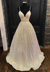 Princess A-line V Neck Spaghetti Straps Long/Floor-Length Sequined Prom Dresses With Pleated