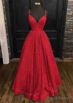 Princess A-line V Neck Spaghetti Straps Long/Floor-Length Sequined Prom Dresses With Pleated