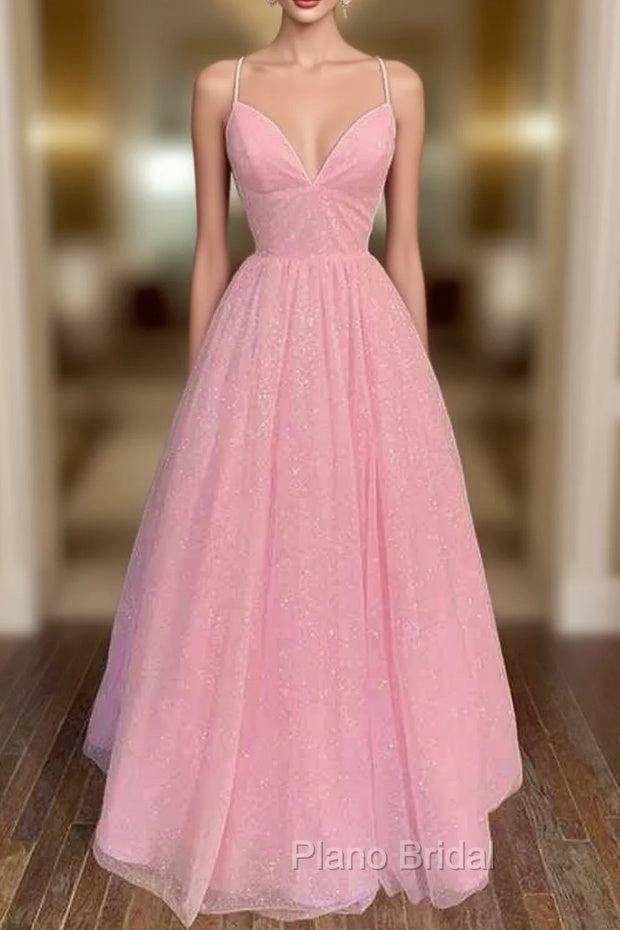 Princess A-line V Neck Spaghetti Straps Long/Floor-Length Tulle Glitter Formal Prom Dresses Main image