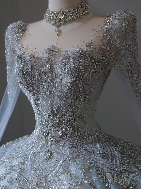 Princess Ball Gown Scoop Neckline Long Sleeves Sequin Light Sky Blue Long Wedding Dresses Brides Dress
