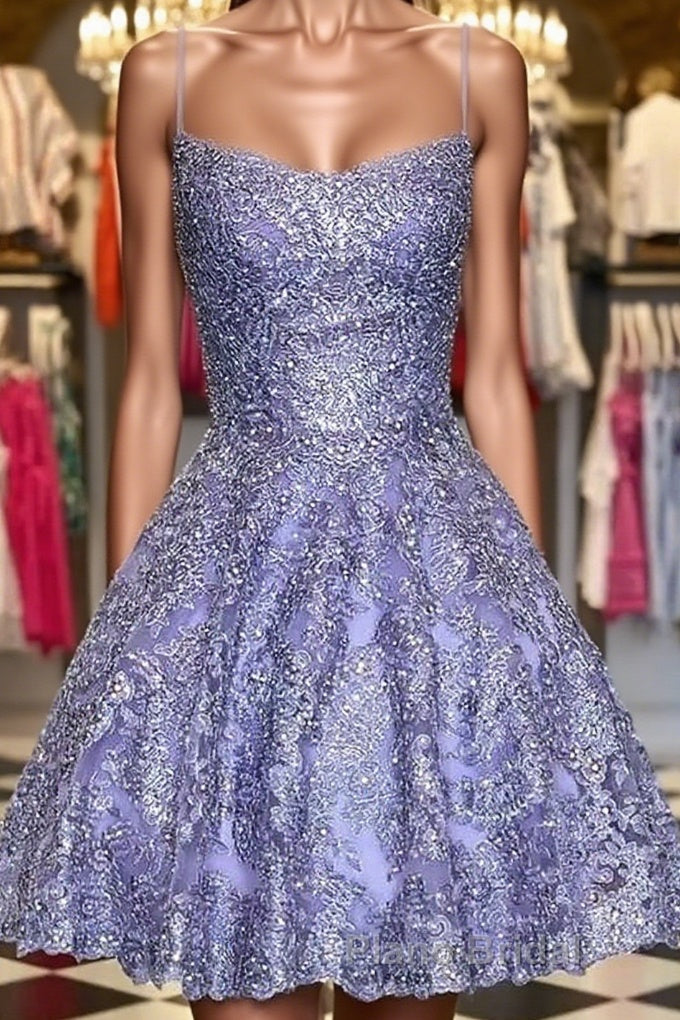 Princess Beaded Purple Lace Formal Prom Dress, Short Purple Lace Homecoming Dress, Purple Formal Evening Dress Main image