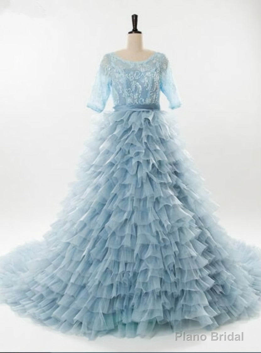 Princess Blue Short Sleeve Lace Tulle Backless Wedding Dress Main image