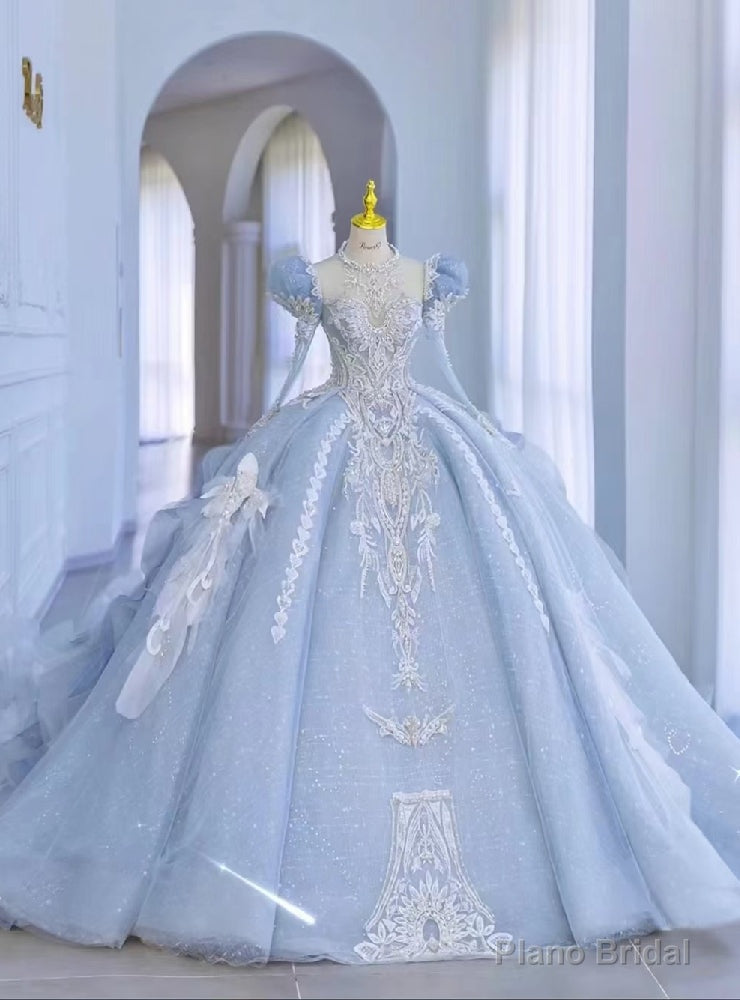 Princess Blue Tulle Long Sleeve Backless Wedding Dress Main image