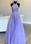 Princess Halter Long/Floor-Length Lace Tulle Prom Dresses With Appliqued Beading