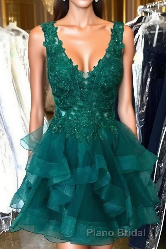 Princess Lace Appliques Dark Green Homecoming Dresses with Flounced,Short Formal Prom Dresses Main image