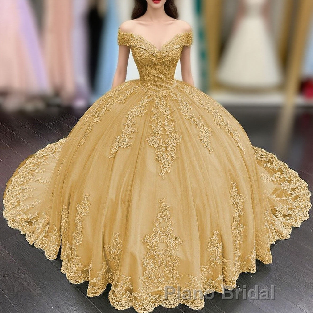 Princess Lace Off Shoulder Gold Quinceanera Dresses Applique With Bow Main image