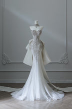 Princess Mermaid Sweetheart White Tulle Long Wedding Dresses Brides Dresses