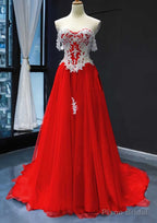 Princess Off-the-Shoulder Sweep Train Tulle Satin Prom Dresses With Appliqued