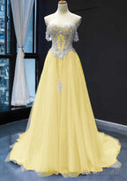 Princess Off-the-Shoulder Sweep Train Tulle Satin Prom Dresses With Appliqued