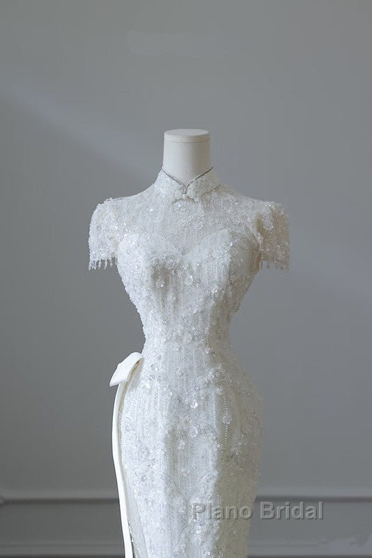 Princess Sheath High Neckline White Sequin Long Wedding Dresses Brides Dresses