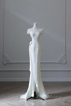 Princess Sheath High Neckline White Sequin Long Wedding Dresses Brides Dresses