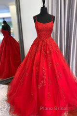 Princess Straps Long Formal Prom Dresses with Lace Appliques,Evening Gowns