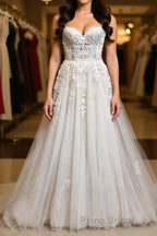 Princess Sweetheart Neck White Lace Formal Prom Wedding Dresses, Ivory Lace Formal Dresses, White Evening Dresses