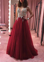 Princess V Neck Court Train Tulle Prom Dresses With Appliqued Beading