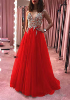 Princess V Neck Court Train Tulle Prom Dresses With Appliqued Beading