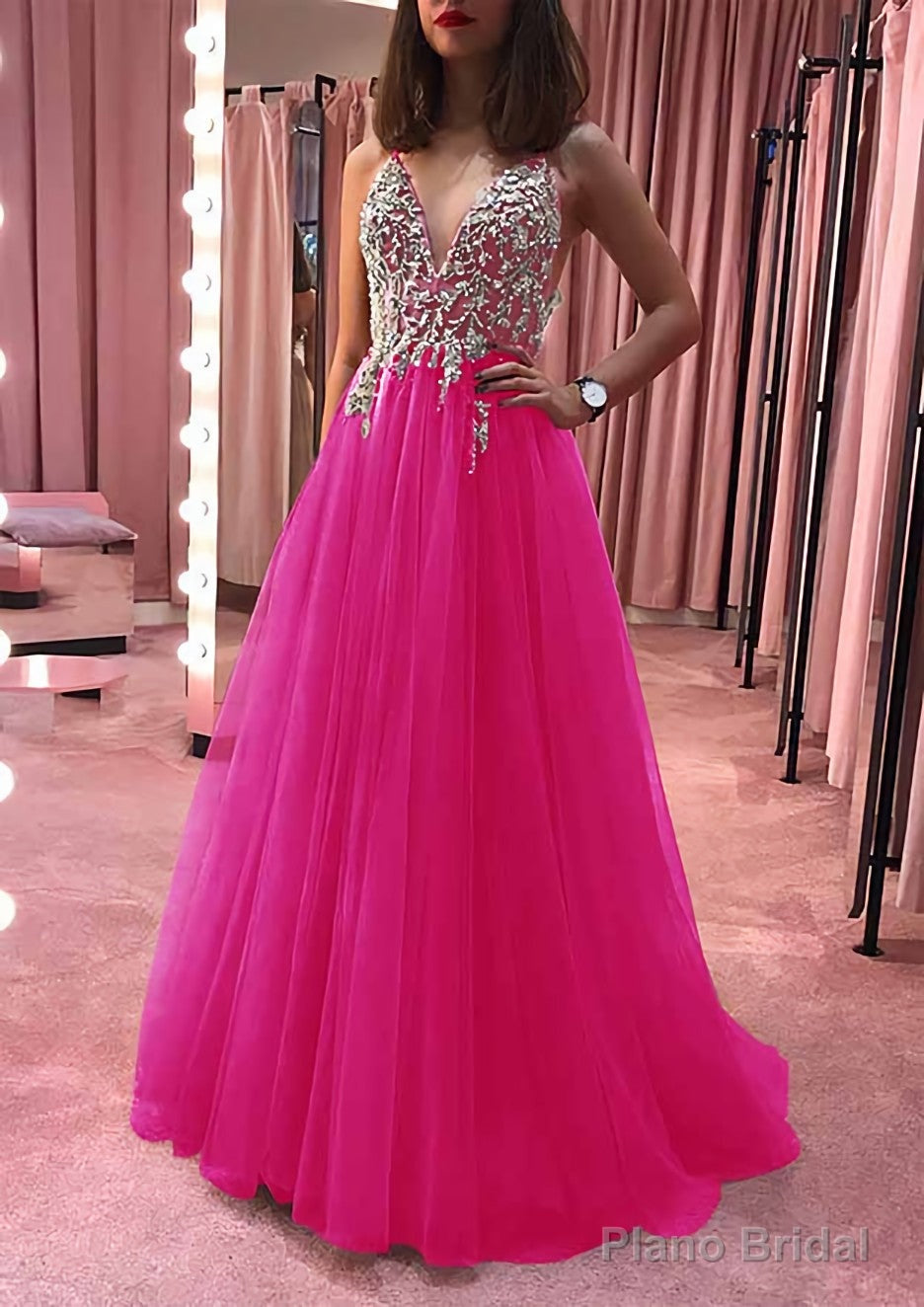 Princess V Neck Court Train Tulle Prom Dresses With Appliqued Beading