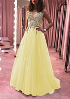 Princess V Neck Court Train Tulle Prom Dresses With Appliqued Beading