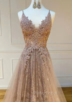 Princess V Neck Sweep Train Lace Tulle Yarn Formal Prom Dresses With Glitter