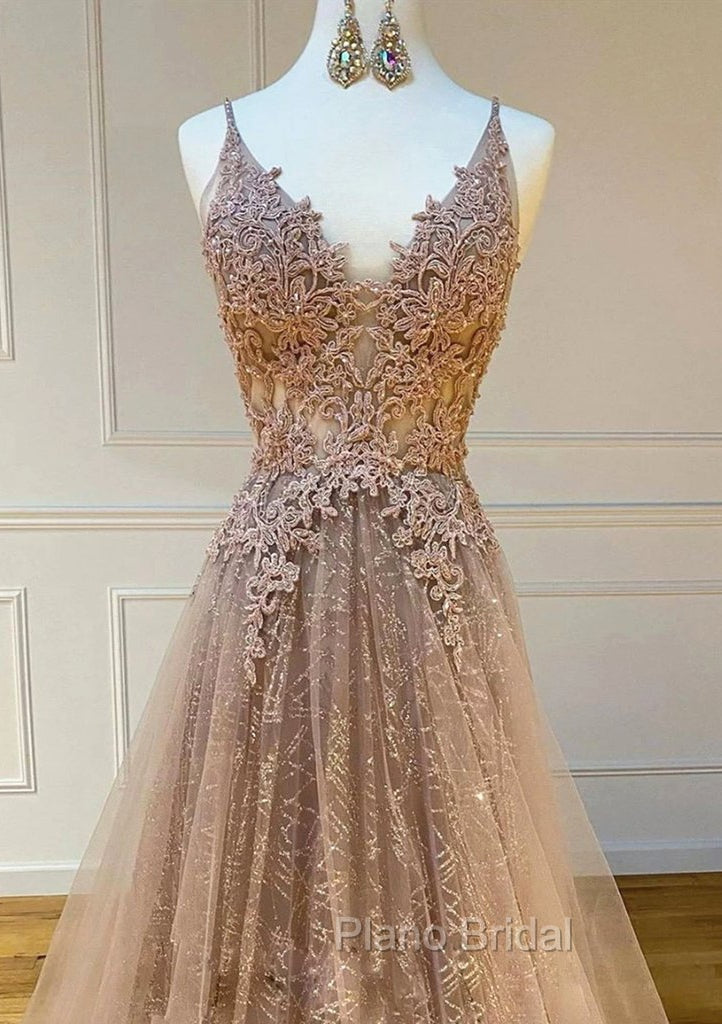 Princess V Neck Sweep Train Lace Tulle Yarn Formal Prom Dresses With Glitter