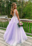 Princess V Neck Sweep Train Tulle Prom Dresses With Appliqued