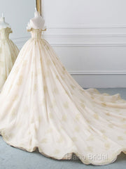 Princesse De Luxe Off The Shoulder Short Sleeve Beaded Sequins Appliques Luxury Princess Ball Gown Wedding Dresses Formal Prom Dresses Formal Dresses