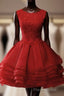 Red Round Neckline Layers Short Formal Prom Dresses, Red Lace Homecoming Dresses