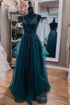 Teal Blue Tulle V-Neckline Long Party Dresses With Lace, Teal Blue Long Formal Prom Dresses