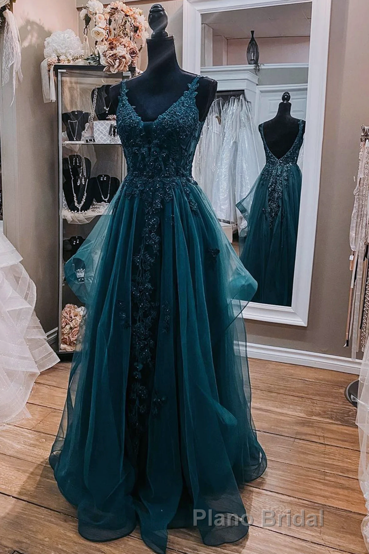 Teal Blue Tulle V-Neckline Long Party Dresses With Lace, Teal Blue Long Formal Prom Dresses