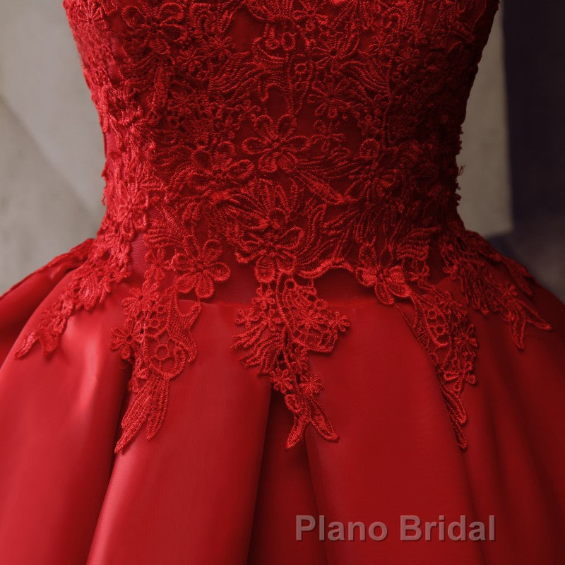 Red Round Neckline Layers Short Formal Prom Dresses, Red Lace Homecoming Dresses
