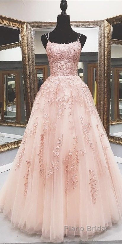 Lace Appliques Pink A LineTulle Long Formal Prom Dresses With Straps Secondary image