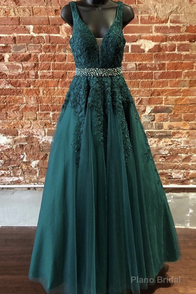 Deep Green Prom Dresses, Tulle Lace V Neck Long Prom Dress Formal Dress Secondary image