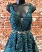 Deep Green Prom Dresses, Tulle Lace V Neck Long Prom Dress Formal Dress