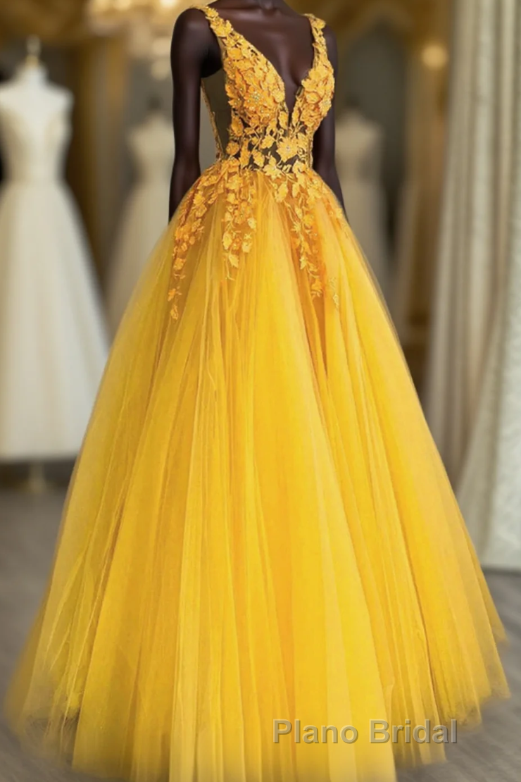 Yellow Tulle With Lace Applique Long Party Dresses, A-Line Yellow Prom Dresses Main image