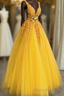 Yellow Tulle With Lace Applique Long Party Dresses, A-Line Yellow Prom Dresses