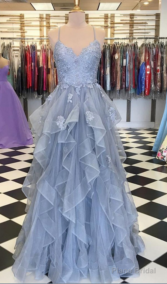Blue Gray Tulle Ruffles Long Spaghetti Straps Evening Dress, Prom Dress Main image