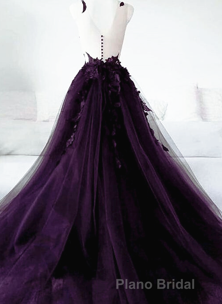 Dark Purple Tulle With Lace Applique Long Wedding Party Dresses, Purple Prom Dresses