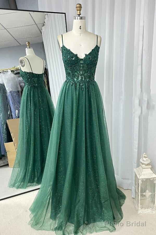 A-line Hunter Green Prom Dresses, Applique Straps Tulle Long Prom Dress Secondary image