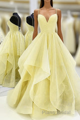 Light Yellow Tulle Straps Long Formal Prom Gown, Lace-Up Tulle Evening Dresses