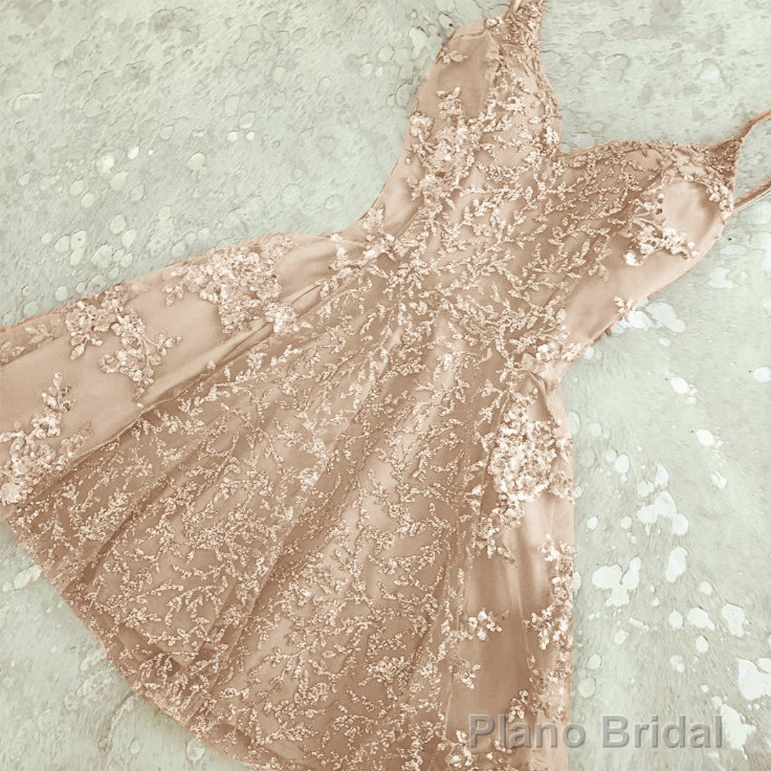 A Line Spaghetti Straps Champagne Short Short Cute Prom Dresses Main image