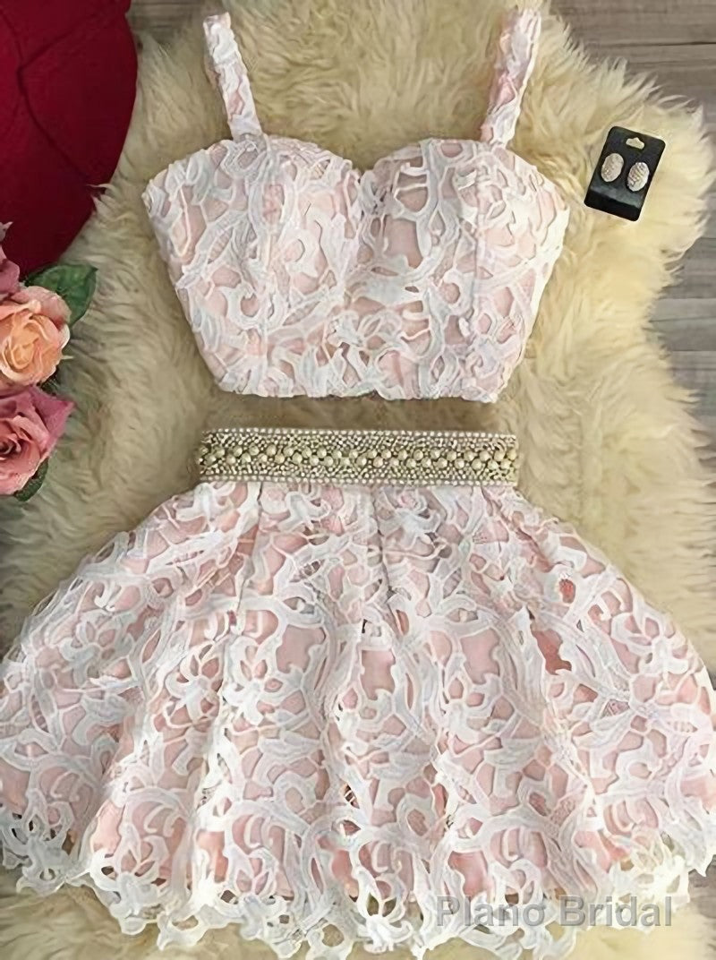 Adorable Two Piece A Line Lace Short Short Homecoming Dresses