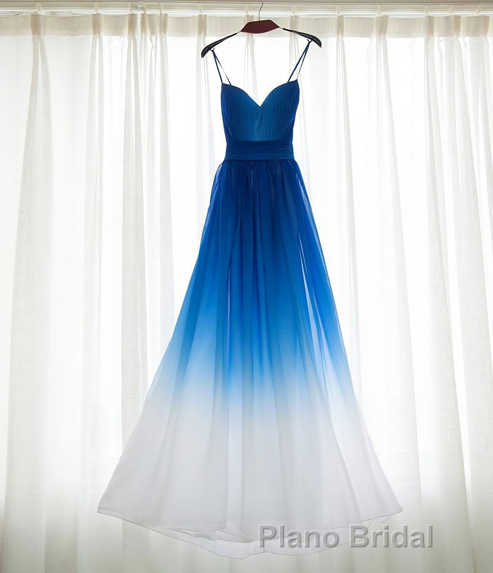 Spaghetti Strap Royal Blue Ombre Long Chiffon Royal Blue Ombre A Line Sweetheart Formal Prom Dresses