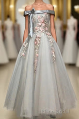Light Grey Tulle Off Shoulder Flower Lace A Line Formal Prom Dresses