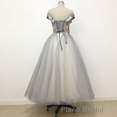 Light Grey Tulle Off Shoulder Flower Lace A Line Formal Prom Dresses