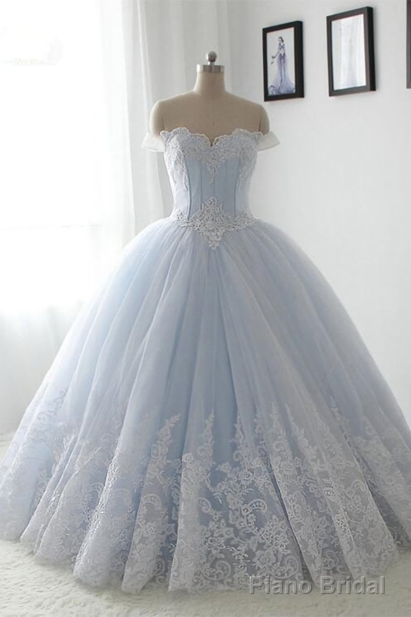 Light Blue Lace Sweetheart A Line Long Princess Prom Dresses Main image