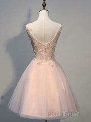 Princess V Neck Tulle Short Mini Appliques Lace Sweet Formal Prom Dresses
