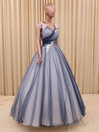 Charming A Line V Neck Navy Blue Princess Tulle Formal Prom Dresses