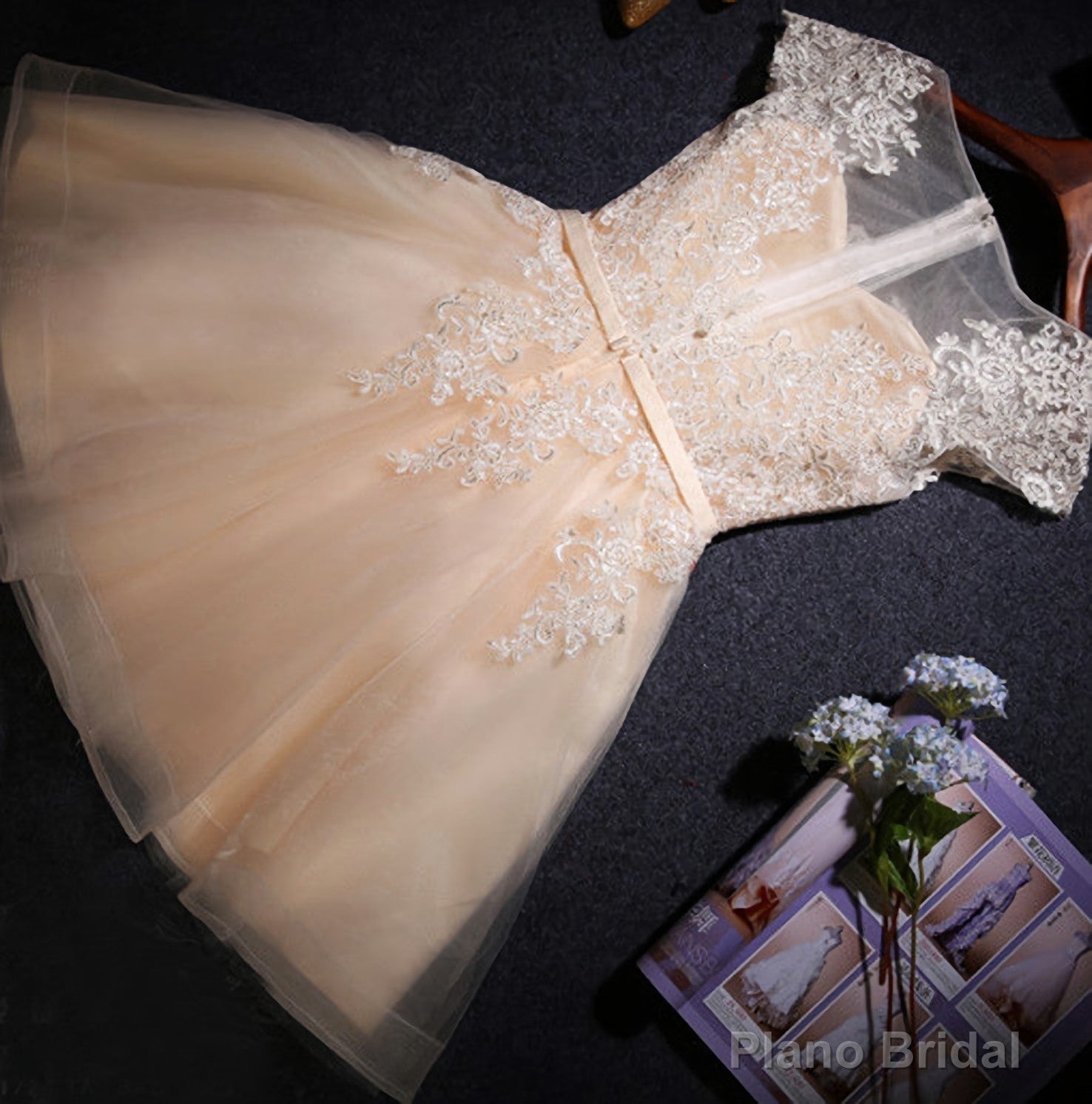 Champagne Cheap Lace Short s Cap Sleeve Prom Dresses