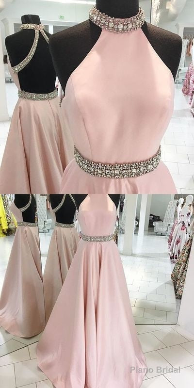 Unique Prom Dress, Pink A Line Long Prom Dress, Backless Pink Evening Dresses Main image
